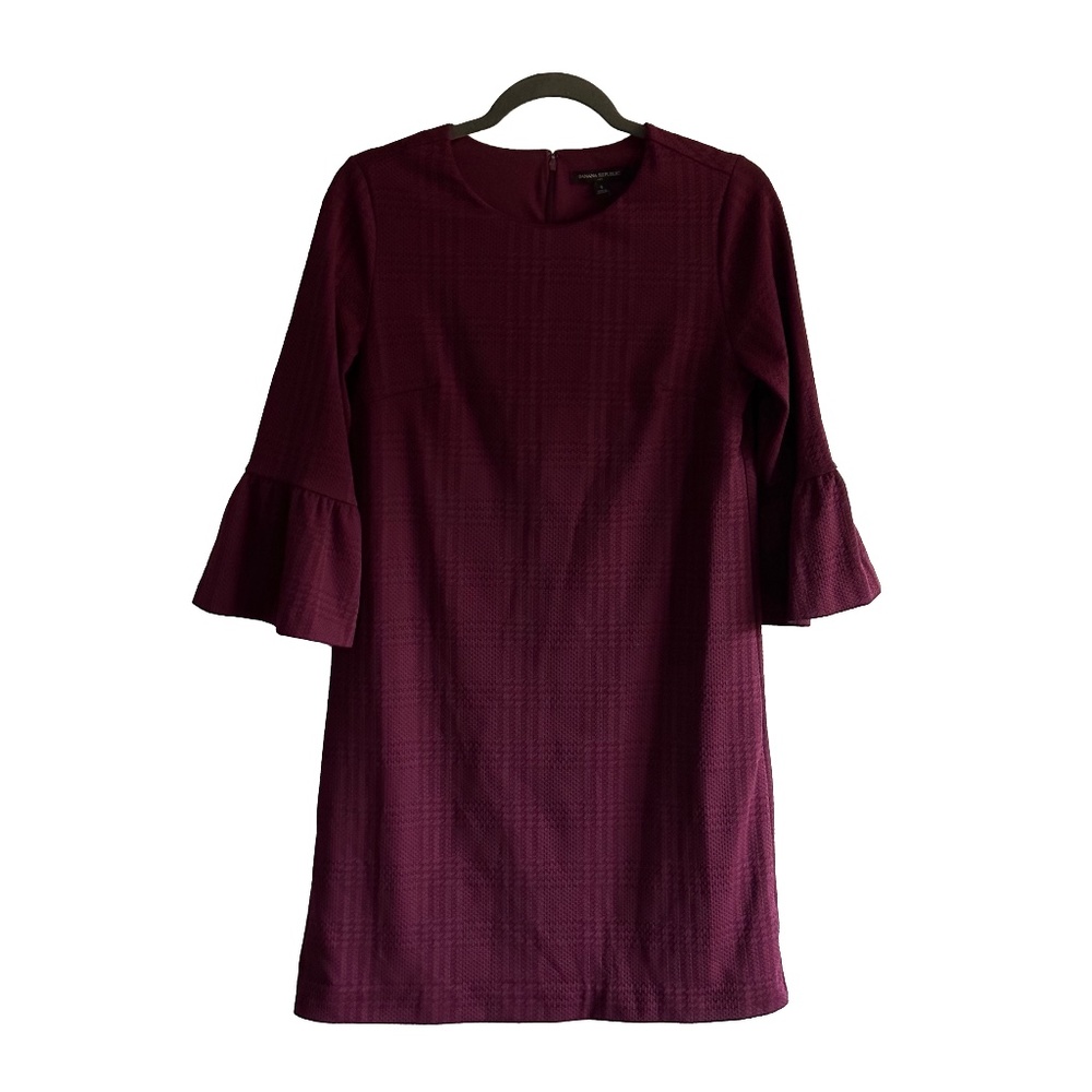 Banana Republic Factory Round Neck Bell Sleeve Maroon Plaid Sheath Dress